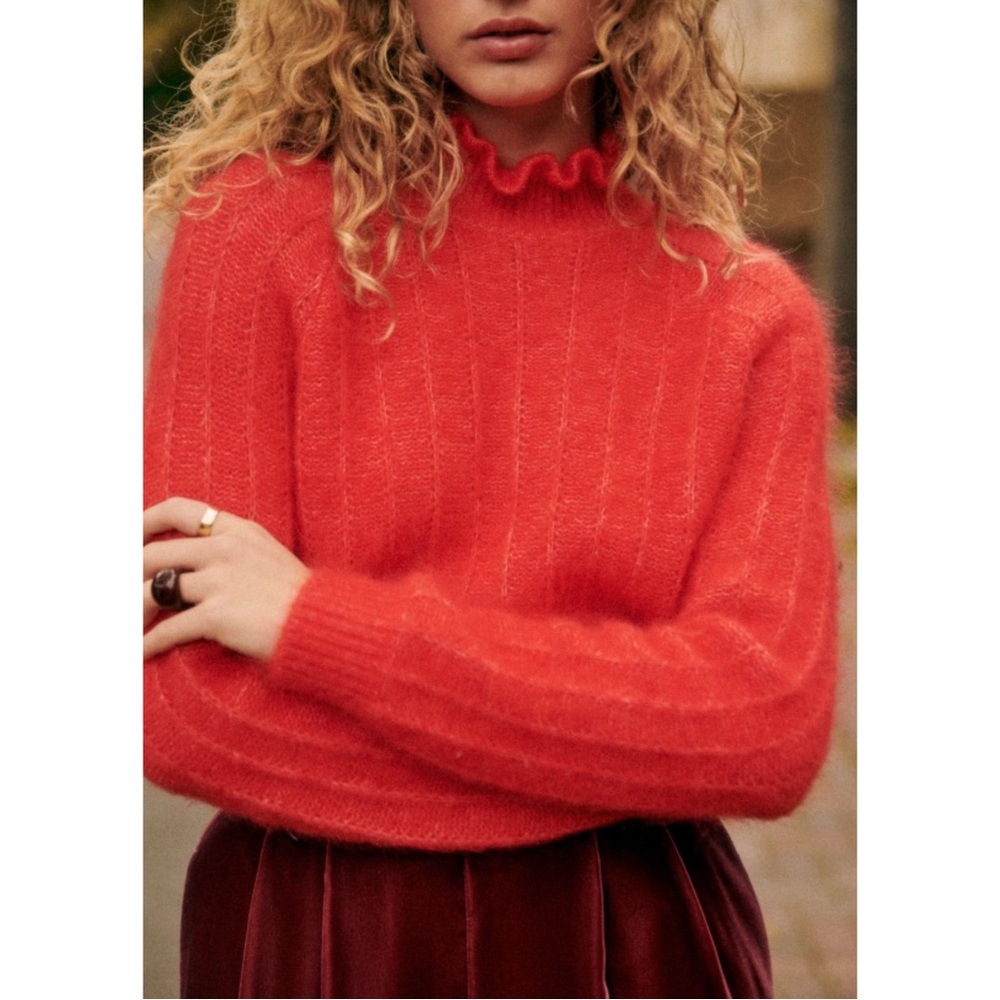 SEZANE Bright Red Mohair Merino Wool Knit Ruffle High Neck Sweater Loris Jumper - Picture 4 of 15